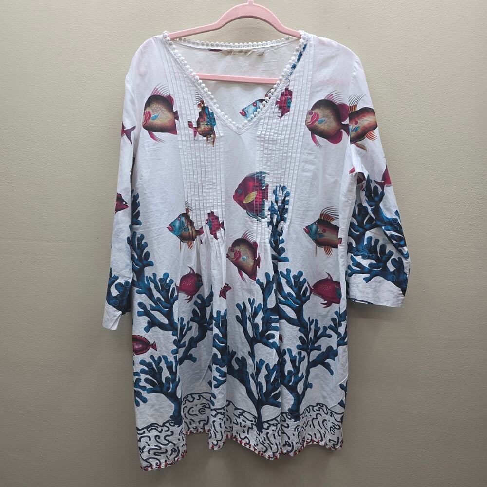 Soft Surroundings Seychelles Tunic Coverup Pleated Ocean Coral Fish Beach SZ XL